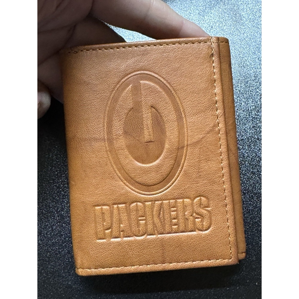 Green Bay Packers Genuine Leather Bifold Wallet NFL Embossed Logo Brown